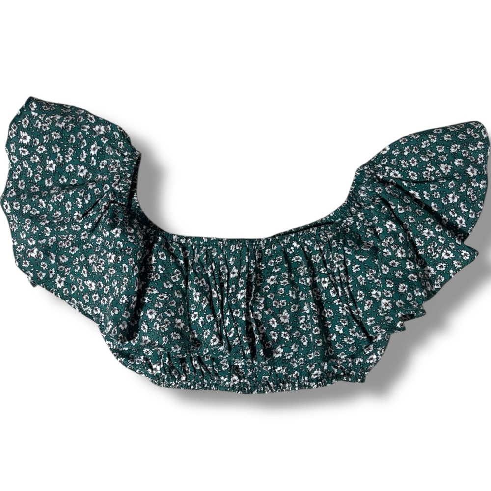 Indigo Child Teal and White Ditsy Floral Print Ruffled Off Shoulder Crop Top - Picture 7 of 16